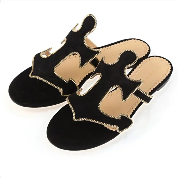 Charlotte Olympia rare anchor cutout suede embroidered whimsical flat sandals - Picture 1 of 7